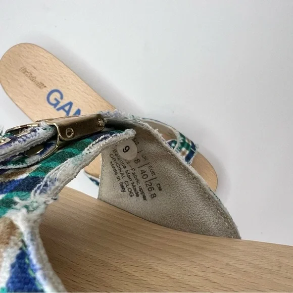 GANNI x Dr. Scholl's Blue Plaid Buckle Wooden Clog Slides Sandals Retro NEW - Picture 13 of 14
